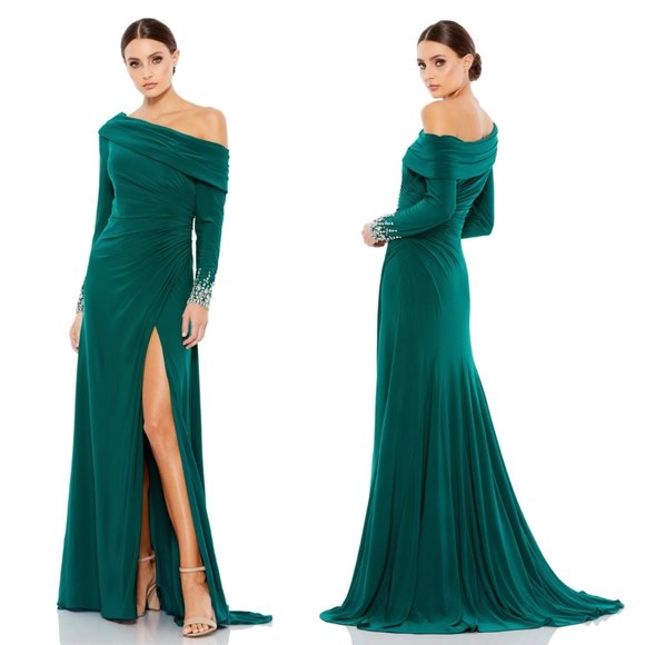 MAC DUGGAL BEADED CUFF DROP SHOULDER FAUX WRAP GOWN 12231 - Picture 1 of 5